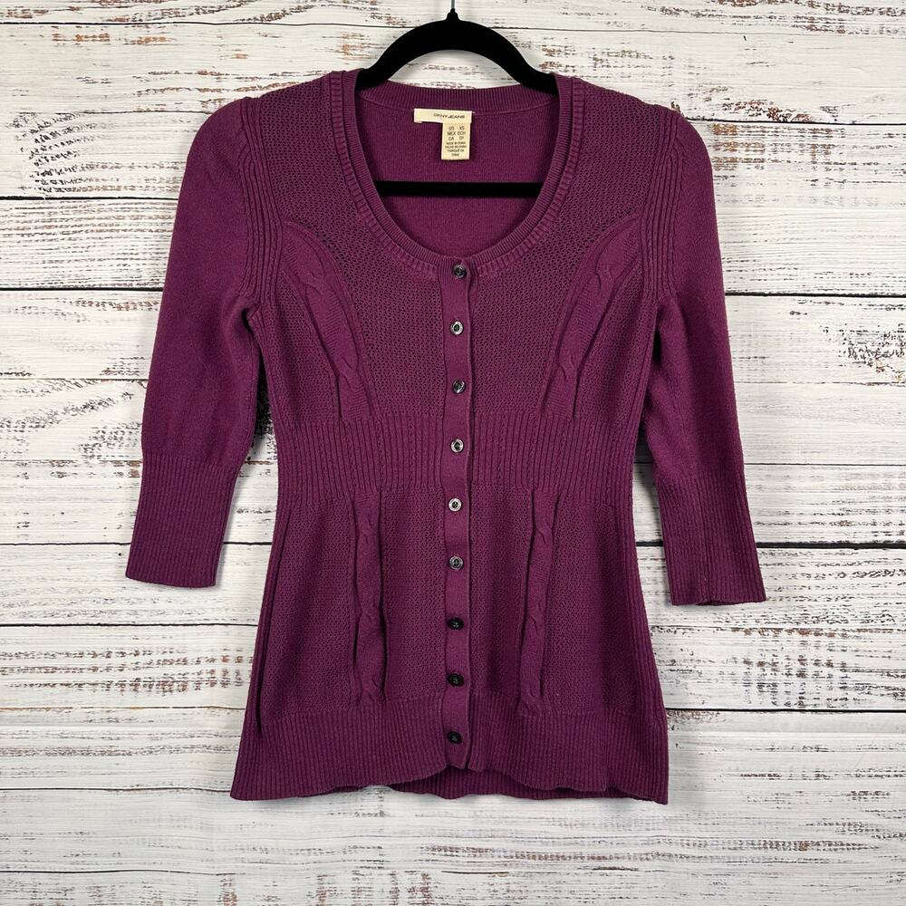 Womens Y2K DKNY Jeans Purple 3/4 Sleeve Button Up Knit Cardigan Stretch Long XS